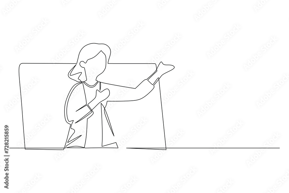Continuous one line drawing young woman coming out of monitor screen . invite people offering product with discounts or sale. Marketing concept. Single line draw design vector graphic illustration Continuous one line drawing young woman coming out of monitor screen . invite people offering product with discounts or sale. Marketing concept. Single line draw design vector graphic illustration