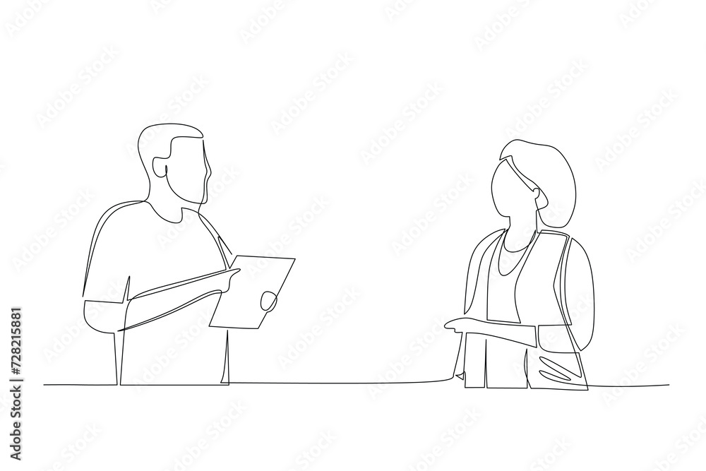 Continuous line drawing of two young male and female worker holding a paper and discussing about work together at the office. Job discussion concept hand drawn style design vector illustration Continuous line drawing of two young male and female worker holding a paper and discussing about work together at the office. Job discussion concept hand drawn style design vector illustration