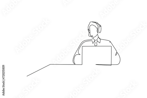One single line drawing of young male customer service care working and  sitting in front of computer. Call center concept continuous line draw design vector illustration