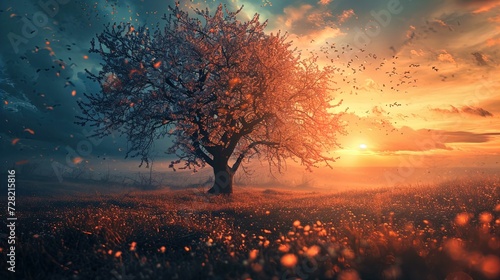 A majestic solitary tree stands in the center of a field illuminated by the warm glow of a setting sun. The tree is in full bloom with pink flowers, and some of its petals are being carried away by a 