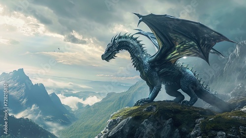 A majestic dragon stands atop a rocky mountain peak. The dragon has a body covered with dark green scales and a row of sharp spines running down its back. Its powerful wings are extended, with veins a