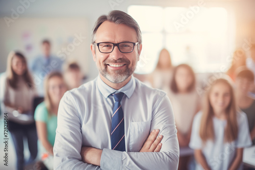 education, male school teacher smiling portrait looking at camera with blurred students class on background