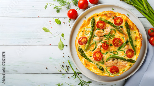 Omelette with salmon, asparagus and cherry tomatoes on white wooden background
