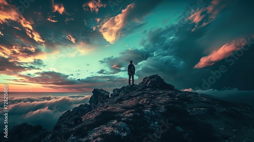A silhouette of a person stands atop a rugged mountain peak, gazing outward at a dramatic sky. The clouds are illuminated by the warm glow of a sunset on the horizon, contrasting with darker clouds ov