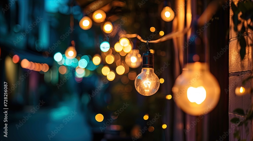 A series of warm glowing light bulbs are strung along an outdoor space at twilight. The bulbs are of varying sizes and shapes, with filaments visible in those closest to the viewer. They cast a soft b