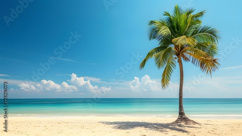 Coconut tree on Tropical beach during a sunny day  palm tree. summertime  coastline sandy beach view. copy space  mockup.