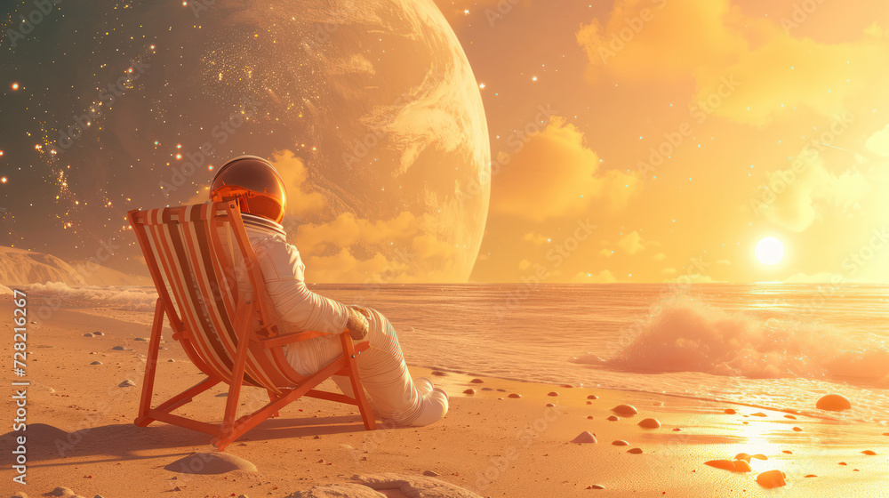 Astronaut relax on beach at the other planet abstract background. Summer vacation and adventure concept. Generative ai. - obrazy, fototapety, plakaty 