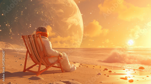 Astronaut relax on beach at the other planet abstract background. Summer vacation and adventure concept. Generative ai.