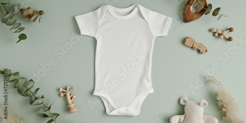White cotton baby short sleeve bodysuit and natural wooden toys on light green background. Infant onesie mockup. Blank gender neutral newborn kid bodysuit mock up template. Top view photo
