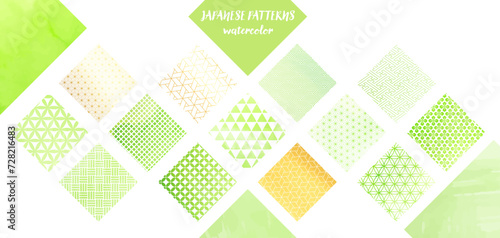 和紙、水彩風_黄緑とゴールドの四角の和柄パターン素材セット 