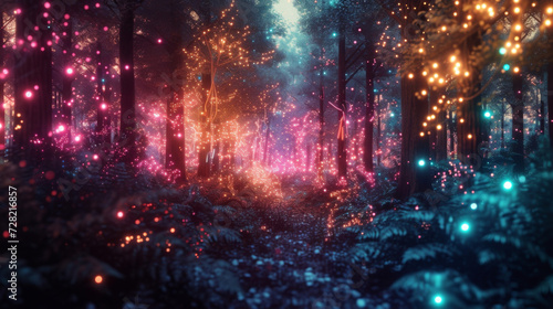 A futuristic forest comes to life in this digital nature background with glowing bioluminescent plants and trees blending seamlessly with neon circuitry for a truly otherworldly