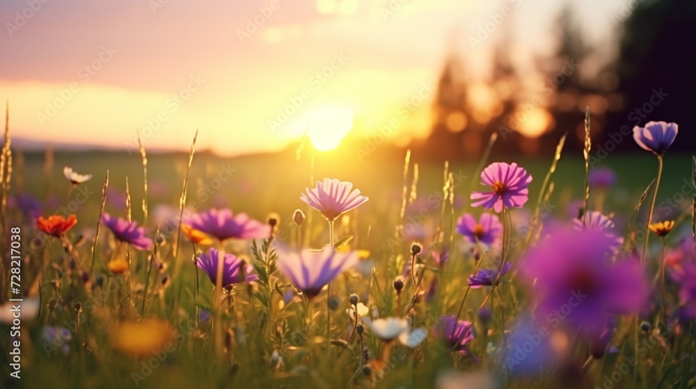 A field of wildflowers swaying in the breeze at sunset
