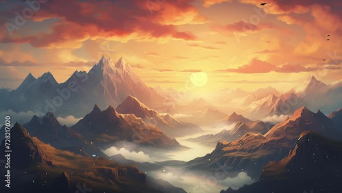 beautiful sunrise background. sunrise over mountains. sunrise in the mountains. seamless looping overlay 4k virtual video animation background  photo