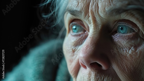 A closeup of an older woman with tearstained conveying the overwhelming sadness and hopelessness of a depressive episode. photo