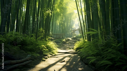 A lush bamboo forest with light filtering through tall, swaying stalks © Jigxa