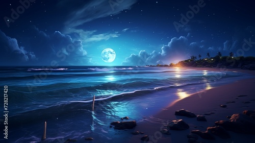 A night view of a bioluminescent beach  waves glowing under a moonlit sky