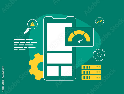 Mobile Website Performance Optimization. Boost SEO with faster loading times. Smartphone browser with speedometer, enhancing user experience and search engine rankings. Vector illustration with icons