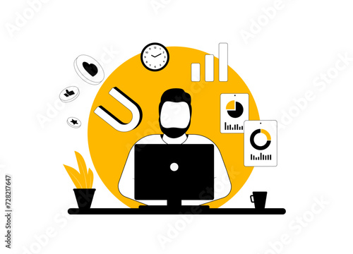 SEO marketing specialist, SMM manager working on computer. Project manager handling digital content for web promotion. Project development, work organizer and daily planning tools for productivity.