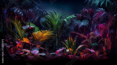 Modern layout with tropical colorful plants in the dark background. Exotic palms and plants in neon illuminated lighting.