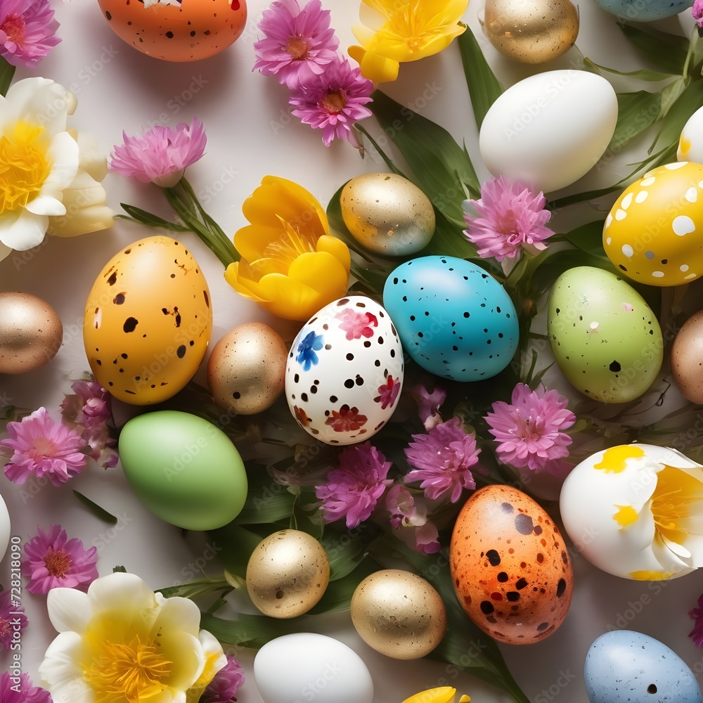 Easter composition of colorful quail eggs and spring flowers over white background. Springtime holidays concept with copy space. Top view 