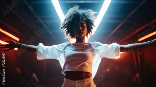 Portrait of beautiful African American young woman with curly shot hair wearing white clothes standing with outstretched arms under neon lighting in a nightclub. 