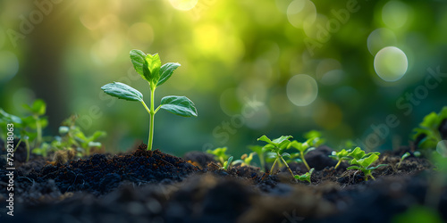A young green sprout, Close up of a young plant sprouting from the ground with green bokeh background, illuminated by the sun's rays, rich soil, ecology concept, World Soil Day, Generative ai