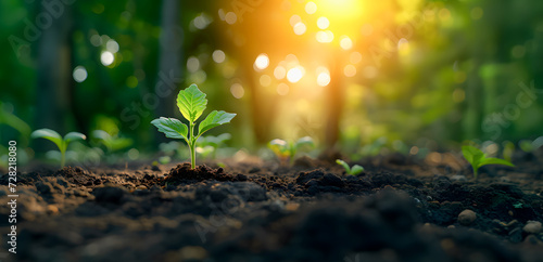 A young green sprout, Close up of a young plant sprouting from the ground with green bokeh background, illuminated by the sun's rays, rich soil, ecology concept, World Soil Day, Generative ai