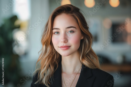 A young professional woman with a confident smile  wearing a black blazer  exudes sophistication and ambition in a contemporary office setting.