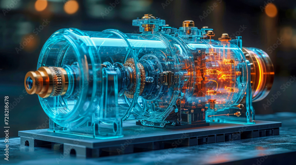 An industrial engine transparent modern high-tech centrifugal electric pump with asynchronous electric motor on a blue background with reflection - obrazy, fototapety, plakaty 