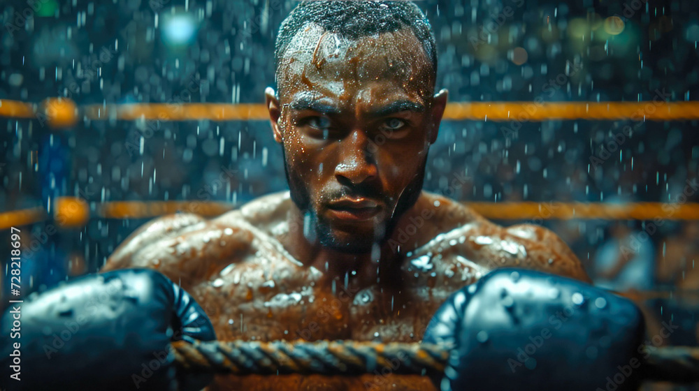 African american boxer in blue gloves boxing in the ring African american boxer in blue gloves boxing in the ring