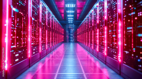 Server room data center corridor with glowing light