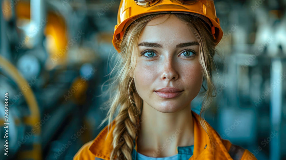 Closeup portrait of young female worker in hardhat looking at camera in factory Closeup portrait of young female worker in hardhat looking at camera in factory