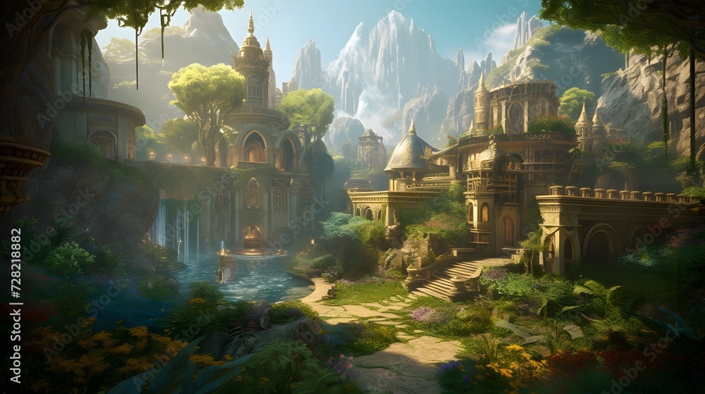 Journey through an ancient elven city adorned with ornate architecture Journey through an ancient elven city adorned with ornate architecture