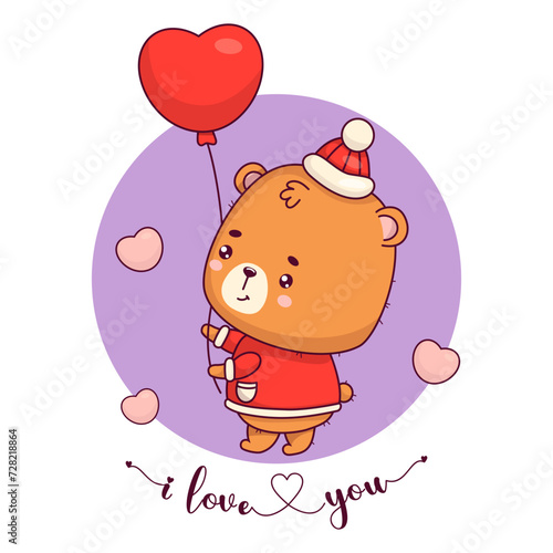 Cute bear with balloon. Romantic teddy bear in winter clothes. Animal in love kawaii character. Valentines card with confession I love you. Vector illustration