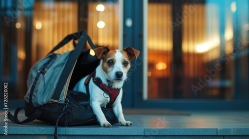 Cute dog in a carrier in a hotel. Welcome dog. Concept of pet friendly hotel, pet friendly space. Traveling with dogs