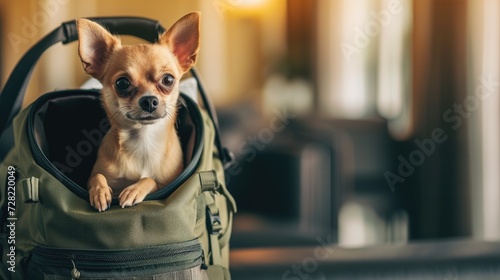 Cute dog in a carrier in a hotel. Welcome dog. Concept of pet friendly hotel  pet friendly space. Traveling with dogs