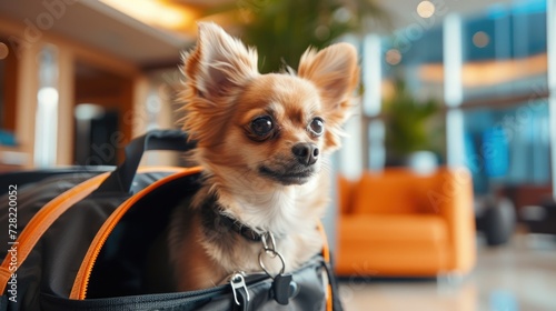 Cute dog in a carrier in a hotel. Welcome dog. Concept of pet friendly hotel, pet friendly space. Traveling with dogs © Rodica
