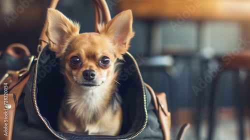 Cute dog in a carrier in a hotel. Welcome dog. Concept of pet friendly hotel, pet friendly space. Traveling with dogs