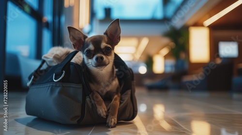 Cute dog in a carrier in a hotel. Welcome dog. Concept of pet friendly hotel, pet friendly space. Traveling with dogs © Rodica