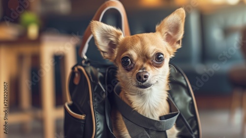 Cute dog in a carrier in a hotel. Welcome dog. Concept of pet friendly hotel, pet friendly space. Traveling with dogs