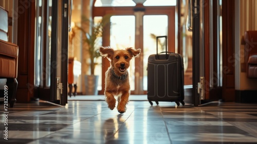 Concept pet friendly hotel. Happy running jumping dog at the hotel. Welcome dog. Pet friendly space © Rodica