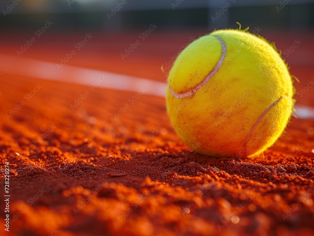 a tennis ball on a red sand tennis court - closeup