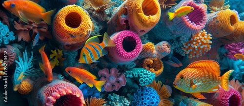 Burr Fish Swimming Among Barrel Sponges - A Spectacular Display of Burr Fish Swimming Amongst a Colorful Array of Barrel Sponges