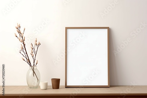Empty picture canvas frame along with flower vase, Stylish home decor
