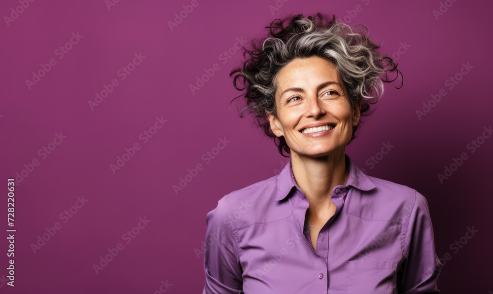 Confident Central European non-binary person in their 40s with curly hair, wearing a lilac shirt, standing against a purple background Confident Central European non-binary person in their 40s with curly hair, wearing a lilac shirt, standing against a purple background