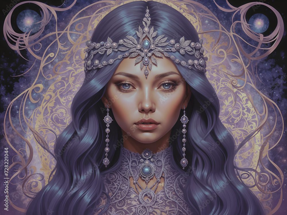  a woman with long, flowing blue hair. She wears a beaded crown and matching earrings, and has a regal purple lace outfit. The background is a complex design of swirling patterns and celestial element