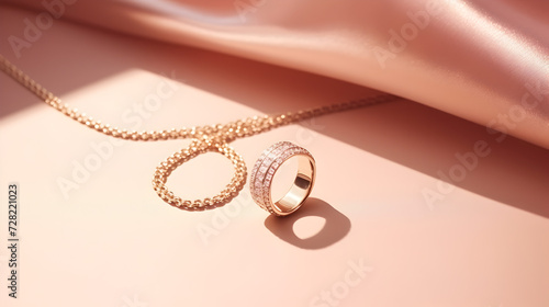 High angle shot of a beautiful ring and necklace