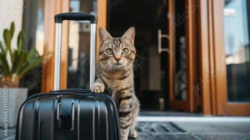Pet friendly space. Cat and baggage at the hotel entrance, hotel door. Traveling with cat. Pet friendly hotel