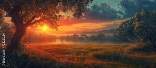 Lush Landscape, Serene Meadow, Sunset: A Mesmerizing Blend of Landscape, Meadow, and Sunset © TheWaterMeloonProjec