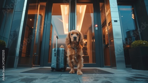 Welcome dog. Concept of pet friendly hotel, pet friendly space. Dog and luggage suitcase at the hotel entrance, hotel door. Traveling with dogs